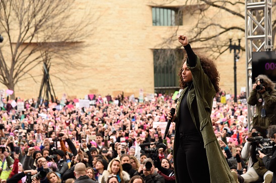 Alicia Keys speaks onstage at the rally at the Women's March on Washington on January 21, 2017