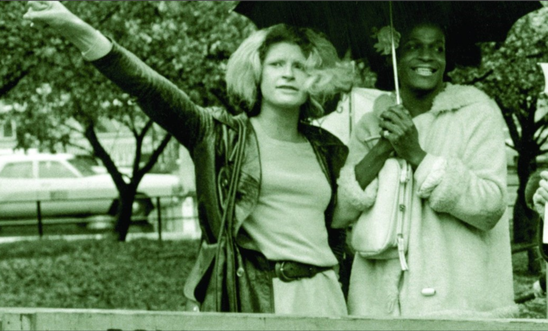 Photos of the Human rights defenders who led the Stonewall Riots in 1969. Sylvia Rivera and Marsha P Johnson leading a protest at City Hall in New York