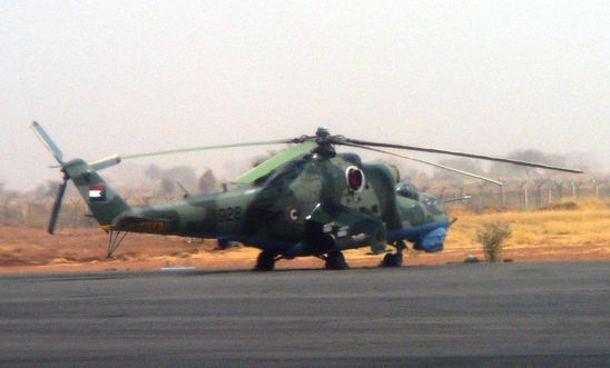 An Mi-24 attack helicopter at Nyala airport in Darfur