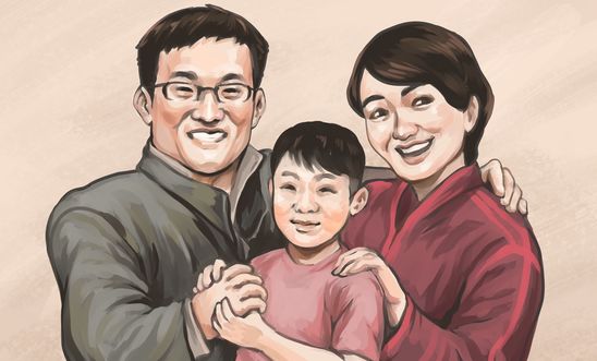 An illustration of China human rights lawyer Wang Quanzhang and his family