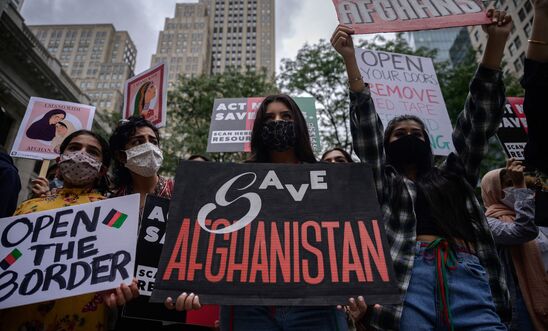 March and protest aiming to raise awareness of Afghanistan's refugee crisis following the Taliban takeover, in New York on August 28, 2021