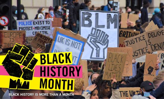 Protest signs with writing in corner saying "Black History Month: Black History is more than a Month"