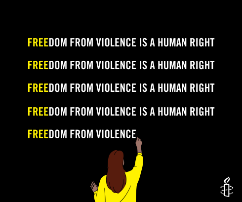 Person writing Freedom from Violence Is A Human Right on a whiteboard.