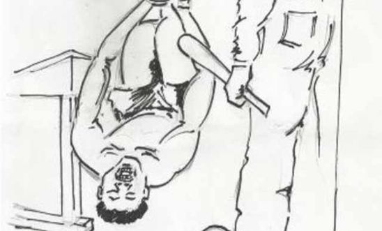 Detainee suspended upside down by feet - illustration Detainee suspended upside down by feet - illustration