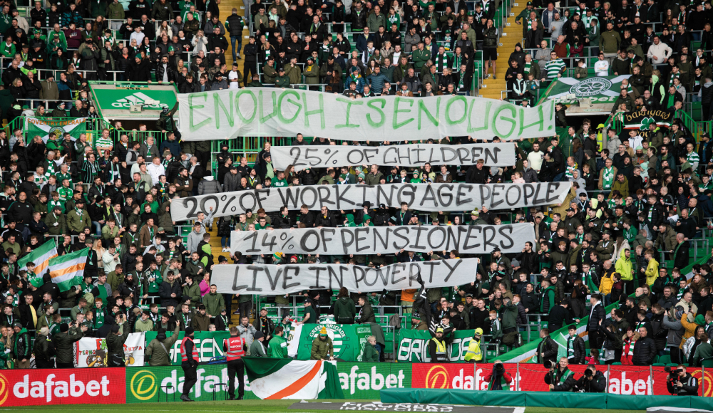 GLASGOW, SCOTLAND: NOVEMBER 05: The Green Brigade hold up a banner during a cinch Premiership match between Celtic and Dundee United at Celtic Park, on November 05, 2022, in Glasgow, Scotland.