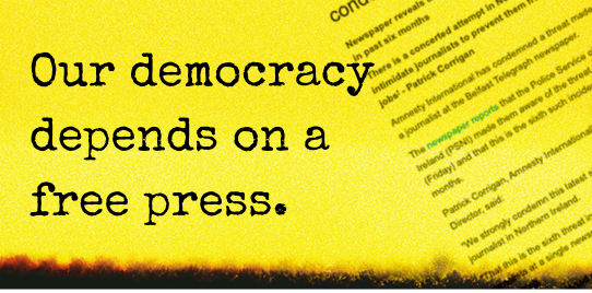Text reads: our democracy depends on a free press Text reads: our democracy depends on a free press