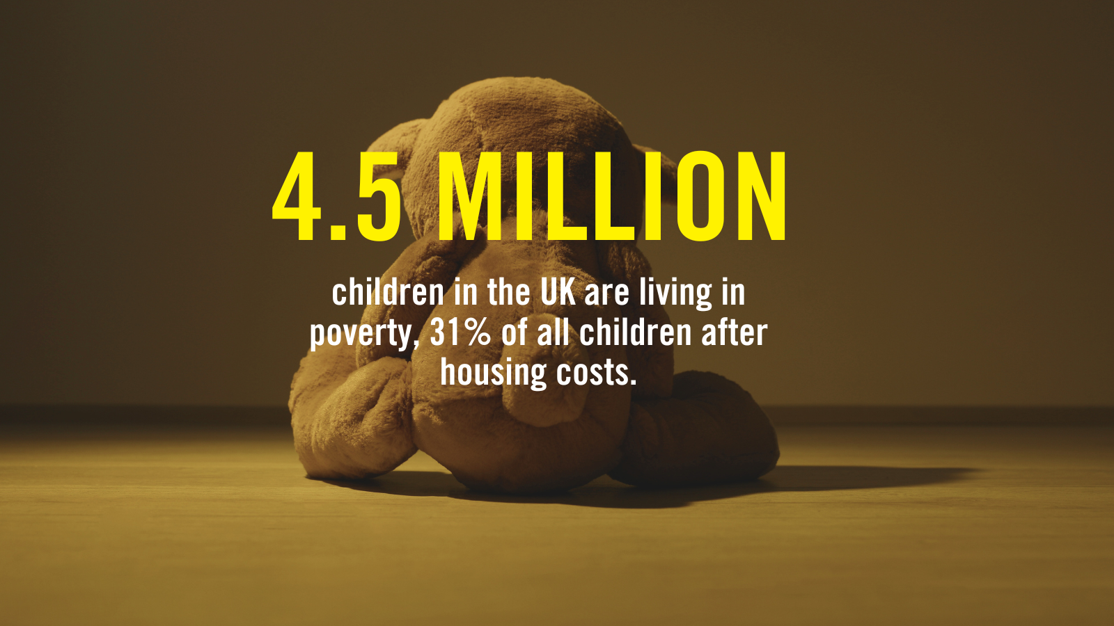 "4.5 million children in the UK are living in poverty, 31% of all children after housing costs. with image of back of brown teddy bear"