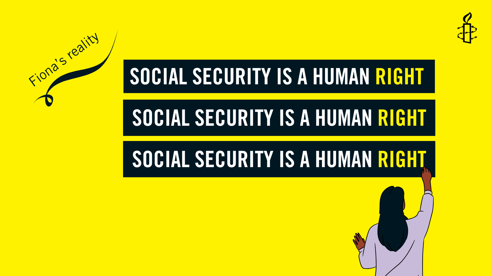 "Fiona's reality, with the words social security is a human right written repetitively on yellow background. On the right there is an illustration of a person and they look like they are writing the words on a board"
