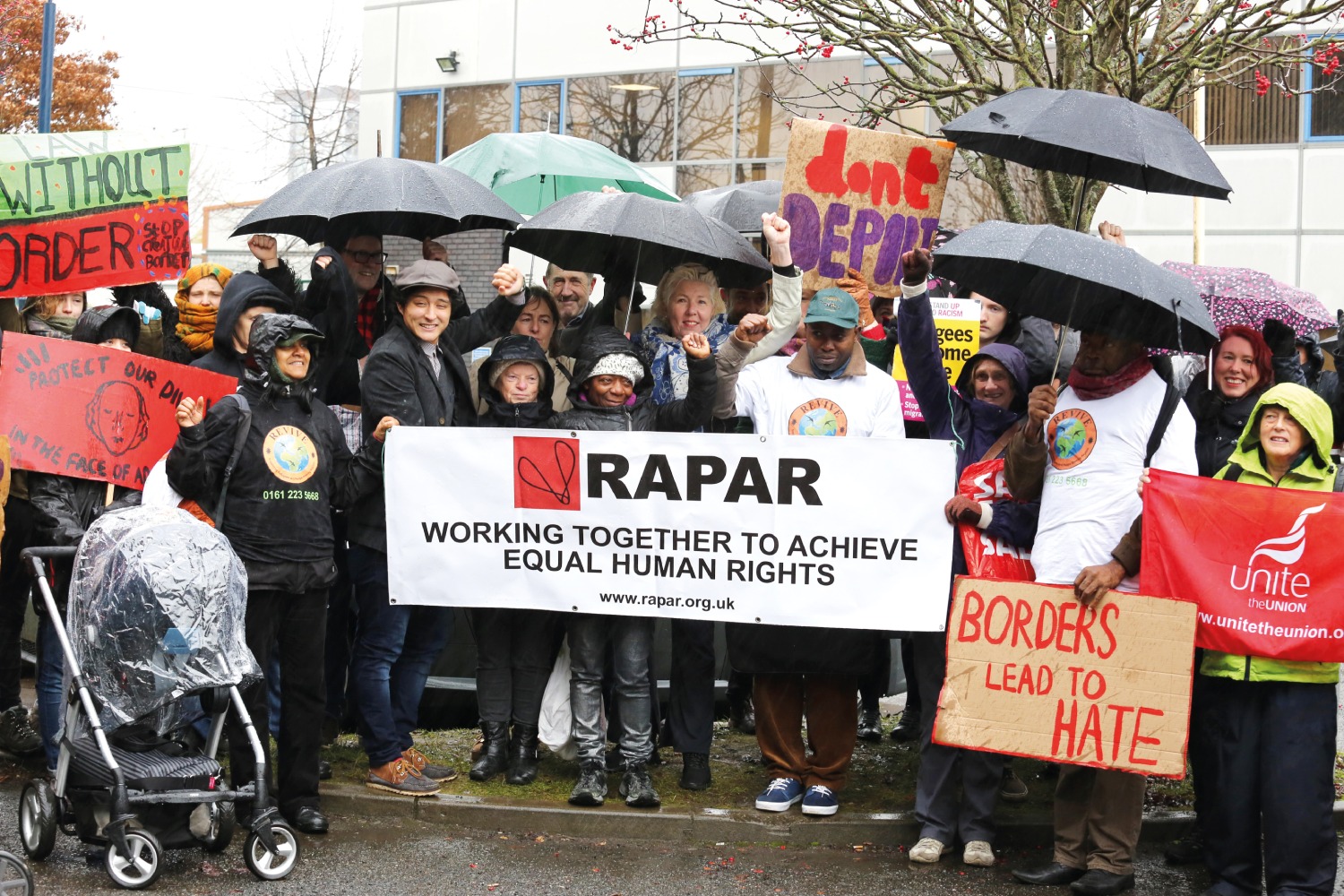 RAPAR leads a protest outside the Home Office Reporting Centre in Salford