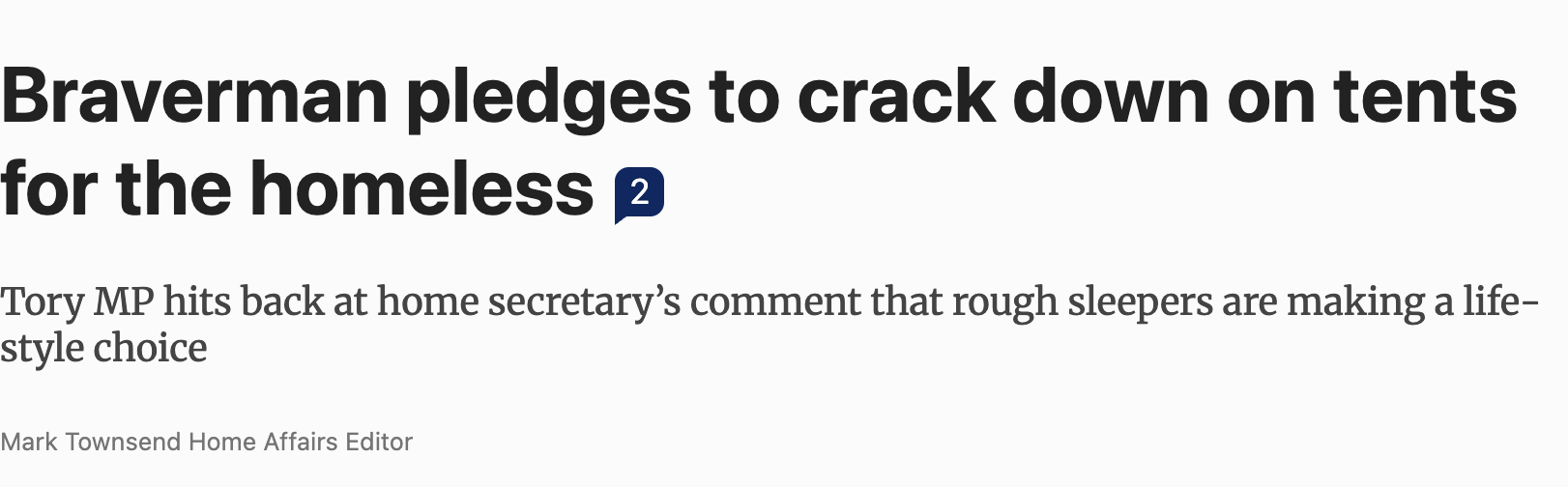 "screenshot of article headline: Braverman pledges to crack down on tents for the homeless"