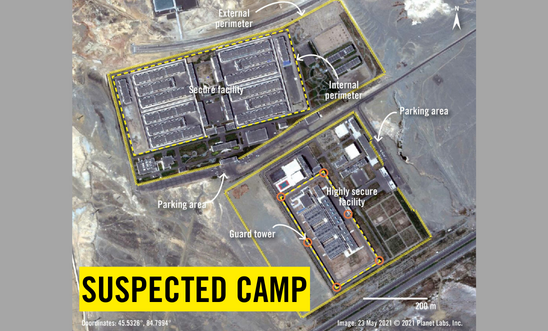 "A satellite image shows a suspected camp where one can see secuirty structures, guard towers. It looks like a reote location""