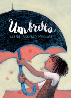 Umbrella book cover of a young girl holding a black umbrella in the rain.