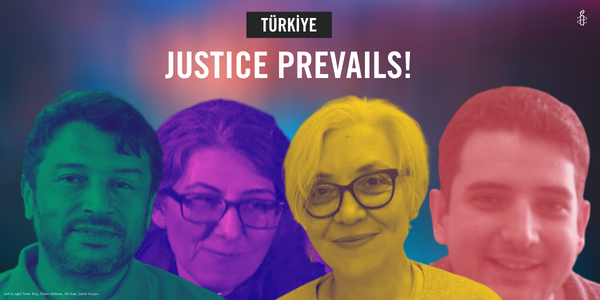 "Cut out images of the individuals in coloured filters along the bottom of the image. Background is a blur of colours and the text reads: "Justice prevails! Rights defenders' unfair convictions finally overturned". Amnesty logo top right. "