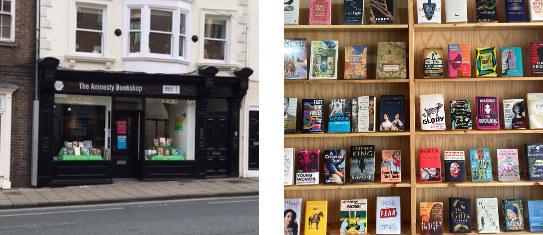 "York Bookshop frontage and some books inside the shop"