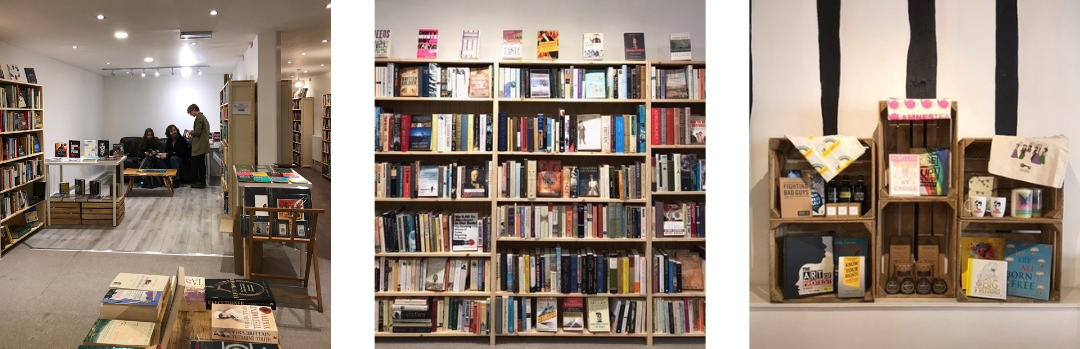 "Image of people in the York bookshop, shelves full of books and ethical gifts"