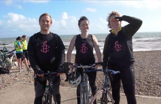 Looking chuffed with myself (centre) after London to Brighton cycle for Amnesty!