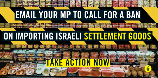 Image shows a supermarket aisle with 'Email your MP to call for a ban on importing Israeli settlement goods' written across it