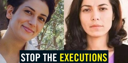 Portraits of Pakhshan Azizi and Verisheh Moradi with the words: Urgent, stop the execution of Pakhshan Azizi and Verisheh Moradi now