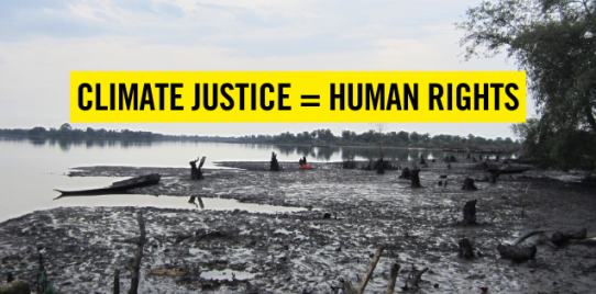 Image shows Niger Delta covered in oil with the words "Climate justice = Human rights"