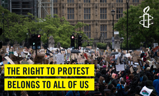 Protest march with text reading: The right to protest belongs to all of us