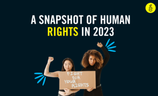 A snapshot of human rights in 2023 above cutout of two people in protest with a sign that reads: fight for your rights 