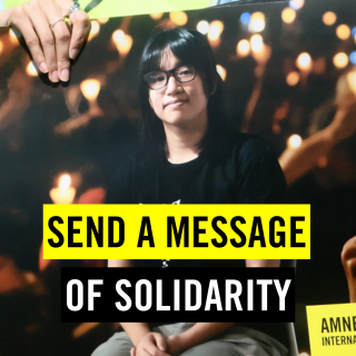 picture of prisoner of conscience chow hang tung with text "send a message of solidarity"