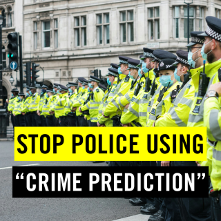 police line with text "stop police using crime prediction"