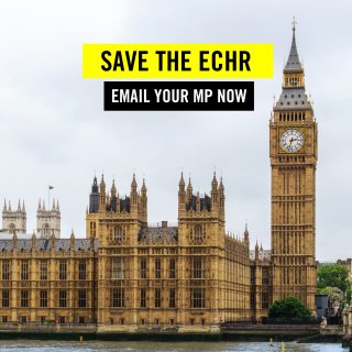 Parliament Building with text saying Save the ECHR - Email Your MP Now
