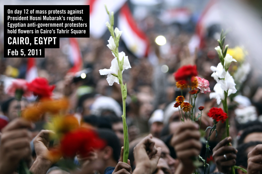 Egyptian anti-government protesters hold flowers in Cairo's Tahrir square