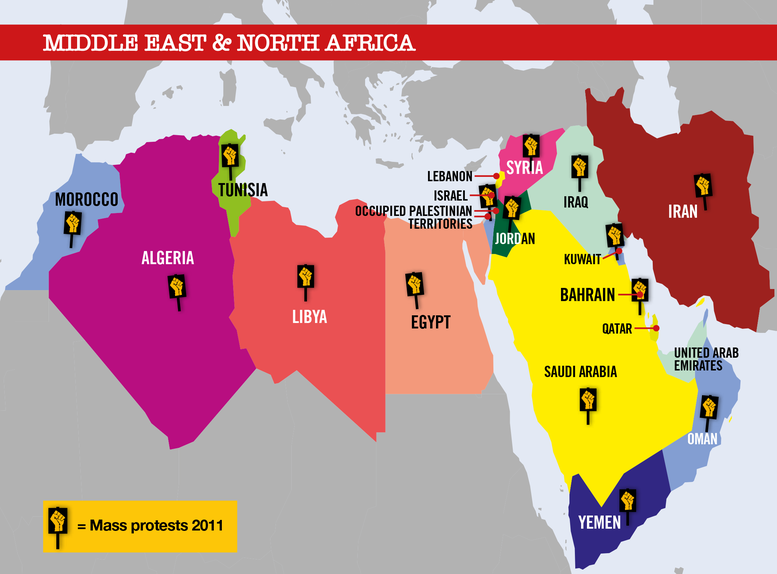 A map of protests across Middle East and North Africa in 2011