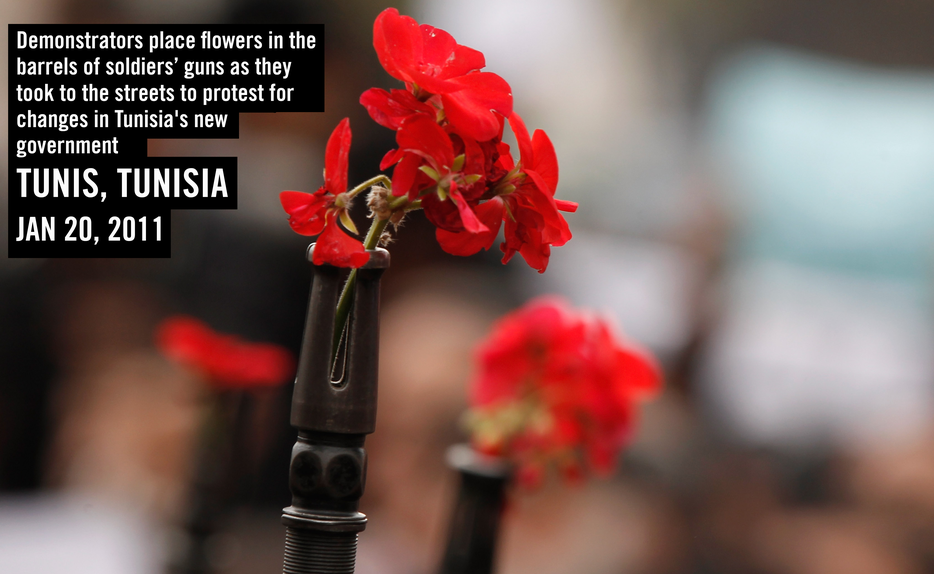 Demonstrators in Tunis place flowers in the barrels of soldiers guns