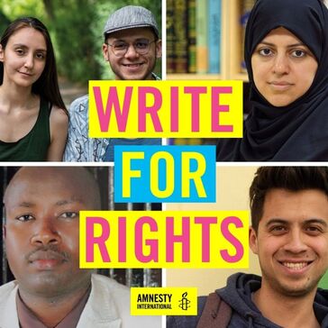 Four images of five people looking at camera with Write for Rights text