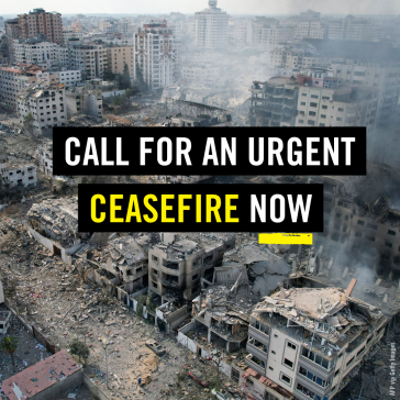 call for an urgent ceasefire now with background of destroyed homes and buildings in the occupied Gaza strip
