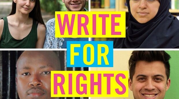 Four images of five people looking at camera with Write for Rights text