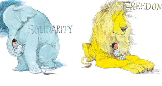 A section of the poster by Chris Riddell, depicting an elephant and a lion with the words 'Solidarity' and 'Freedom' A section of the poster by Chris Riddell, depicting an elephant and a lion with the words 'Solidarity' and 'Freedom'