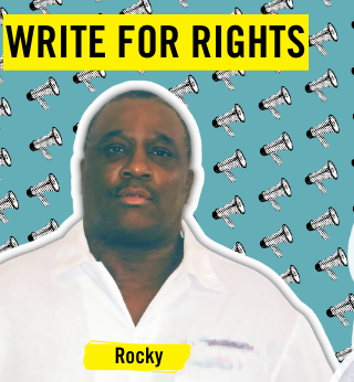Visual with cutout imagery of Justyna, Rocky & Ahmed, the text to the top reads: Write for Rights. In the background are cut out pixellated black & white megaphones