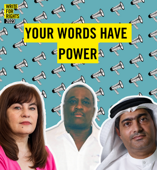 Visual with cutout imagery of Justyna, Rocky & Ahmed, the text to the top reads: Write for Rights. In the background are cut out pixellated black & white megaphones