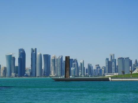 Doha's financial district, March 2013. Skyscrapers on the skyline with the corniche in the foreground (c) Amnesty International