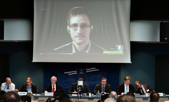 Edward Snowden speaking via video conference Edward Snowden speaking via video conference