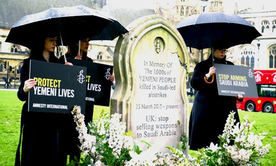 A six-foot gravestone in Parliament Square commemorating the lives lost in Yemen in Saudi-led air strikes. A six-foot gravestone in Parliament Square commemorating the lives lost in Yemen in Saudi-led air strikes.