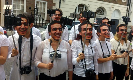 Amnesty activists calling for release of imprisoned photojournalist, Shawkan outside the Egyptian Embassy in London.