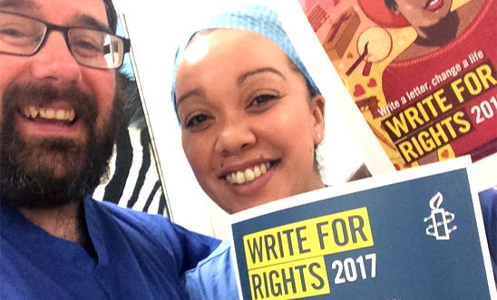Unison members at Leeds Teaching Hospital taking part in Write for Rights 2017