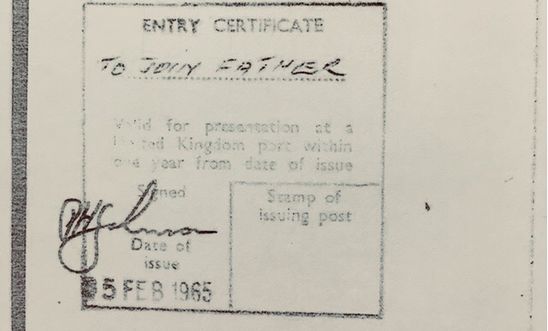 Stamp of entry for a child joining their father in the UK in 1965 (with no limit on entry or stay)