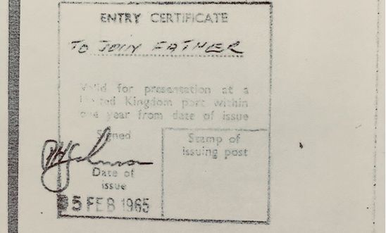 Stamp of entry for a child joining their father in the UK in 1965 (with no limit on entry or stay) Stamp of entry for a child joining their father in the UK in 1965 (with no limit on entry or stay)
