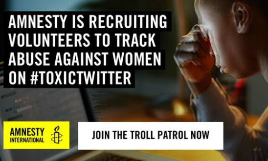 Image shows a woman looking tense at her laptop and is overwritten "Amnesty is recruiting volunteers to track abuse against women on #ToxicTwitter"