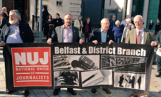 Amnesty International's Patrick Corrigan joined the NUJ solidarity protest outside Belfast High Court