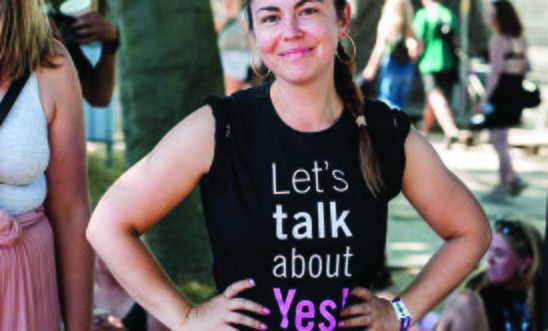 Female activist wearing a Yes! campaign t-shirt