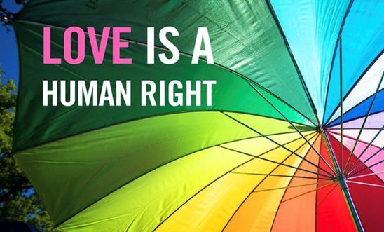 A rainbow umbrella embellished with the words 'love is a human right' A rainbow umbrella embellished with the words 'love is a human right'