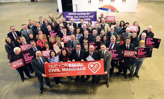 Campaigners, including Lord Hayward and Conor McGinn MP (front row) in Westminster Hall in March 2018