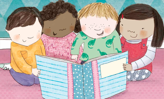 A diverse group of children gather around a book to share in the joy of great storytelling A diverse group of children gather around a book to share in the joy of great storytelling